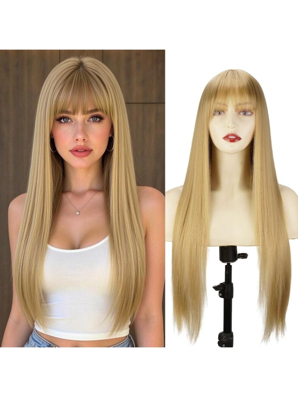 Women's Honey Blonde Long Straight Wig with Bangs for 26 Inch Natural Heat